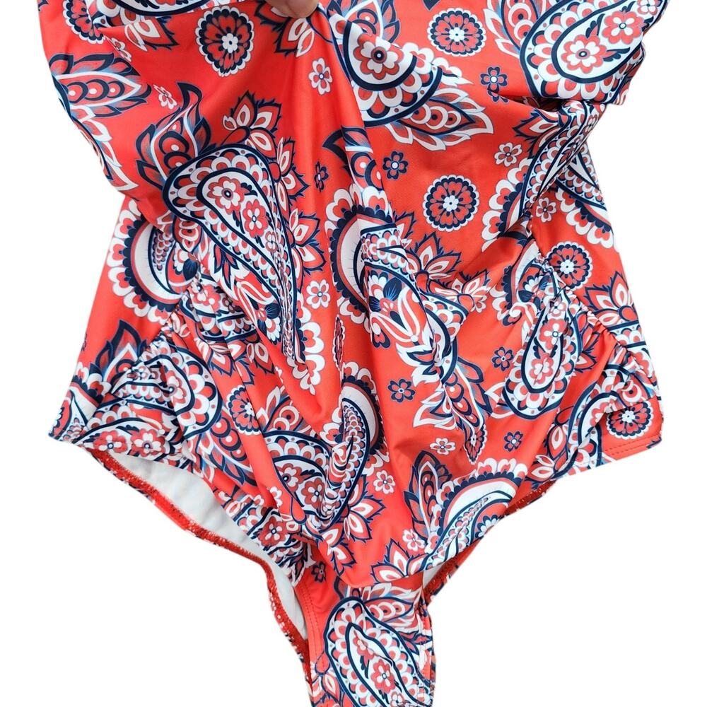 NWT Clwerk One Piece Swimsuit Women’s XL Red Blue Paisley Crossover Bathing Suit - Picture 5 of 12